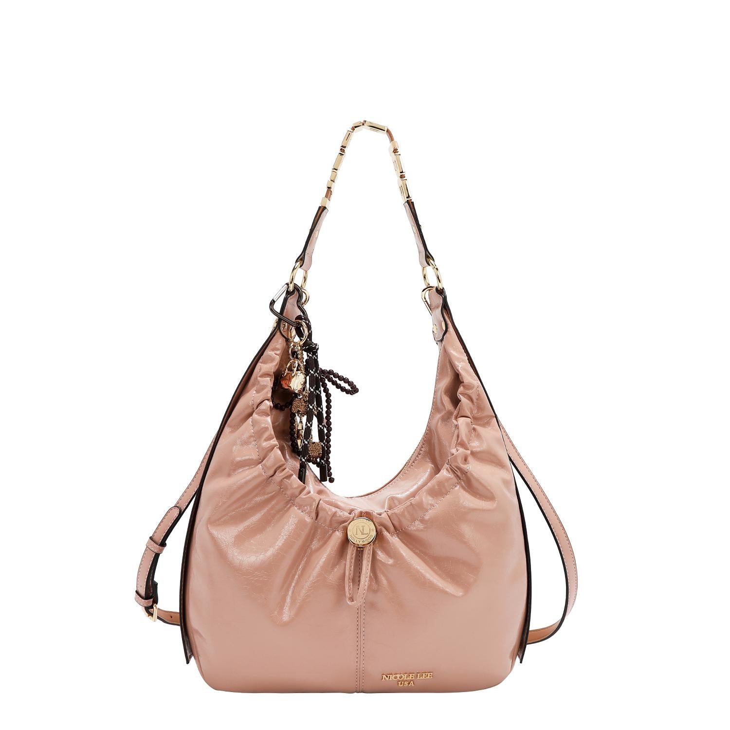 Bolsa hobo Nicole Lee acabado brillante y llavero FW25
