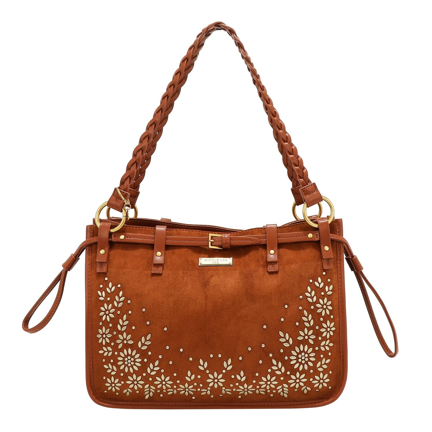 Bolsa tote Nicole Lee de gamuza con flores y hojas FW25