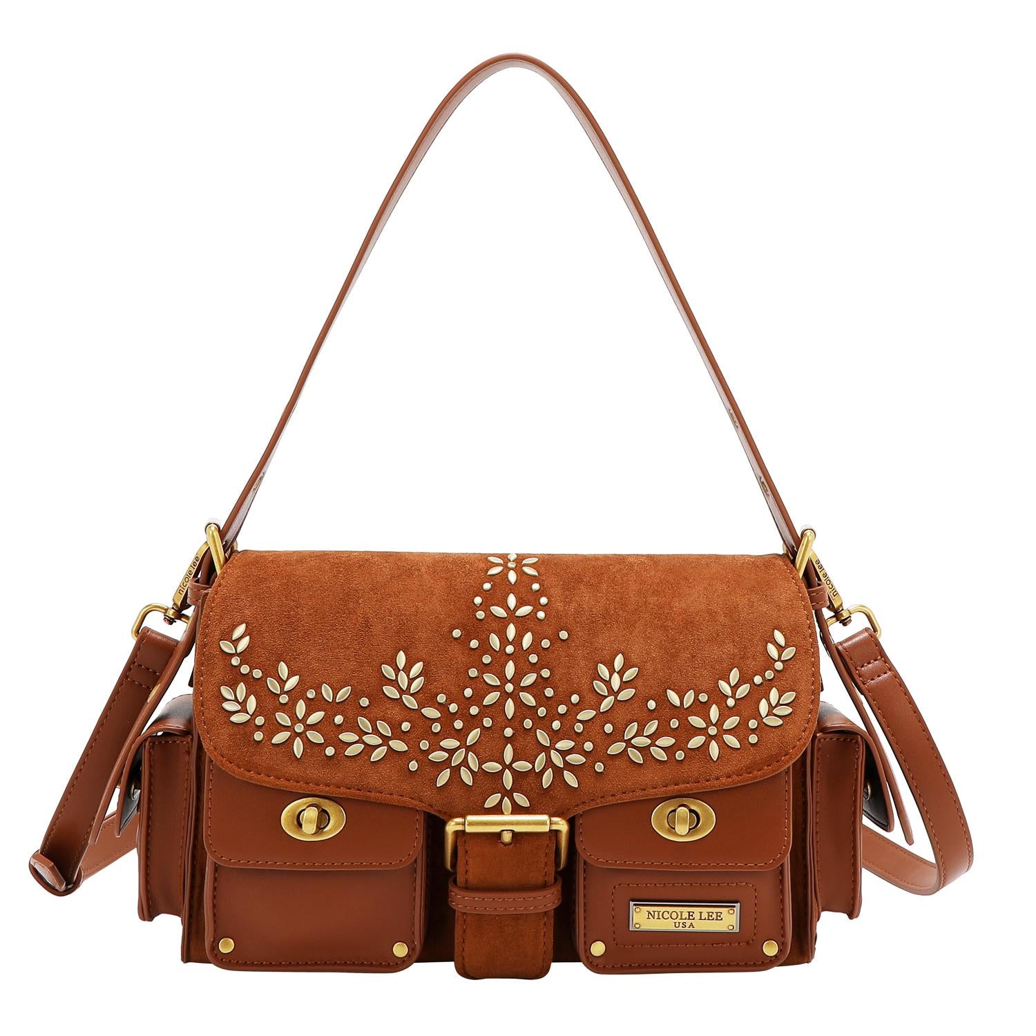 Bolsa mensajera Nicole Lee de gamuza con flores y hojas FW25