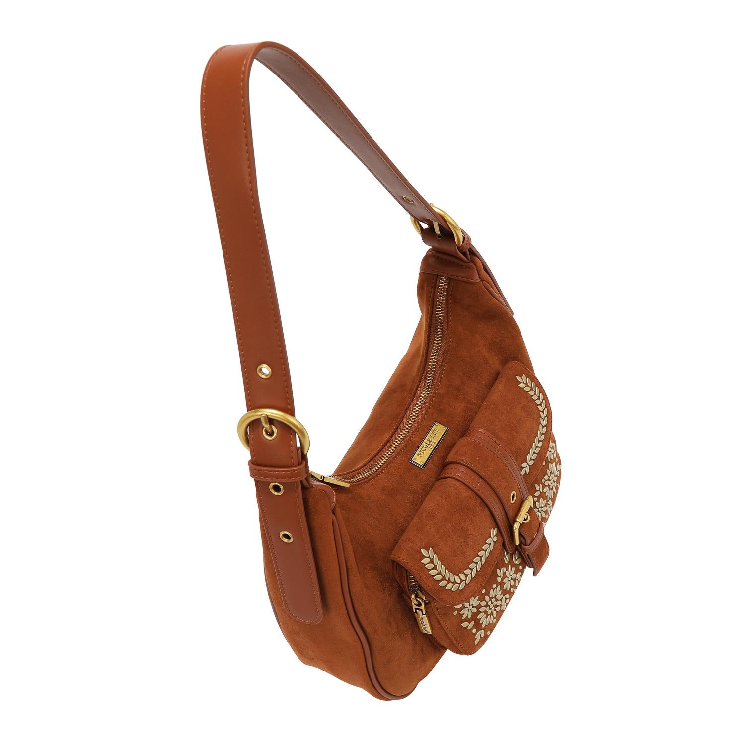 Bolsa hobo Nicole Lee de gamuza con flores y hojas FW25