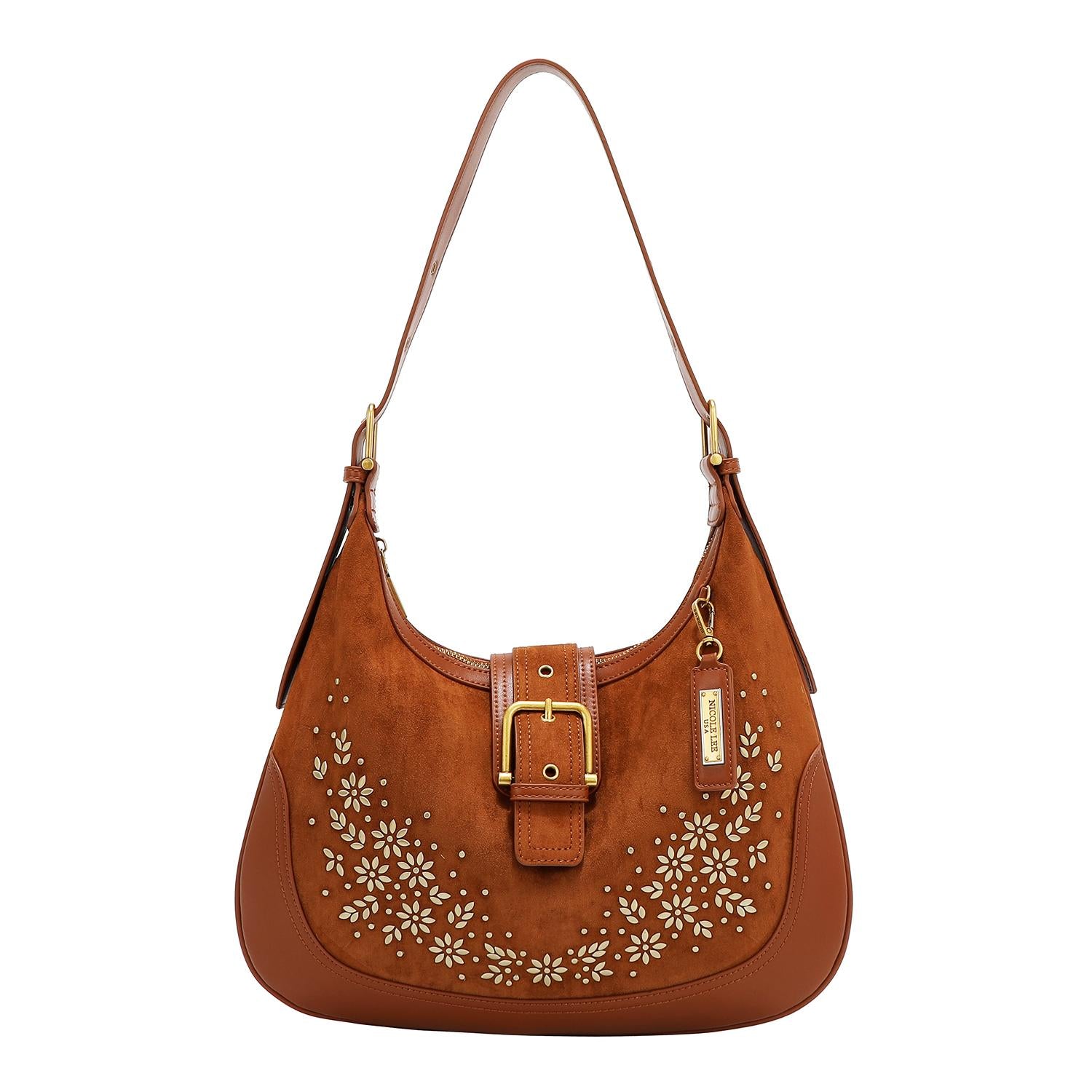 Bolsa shoulder Nicole Lee de gamuza con flores y hojas FW25