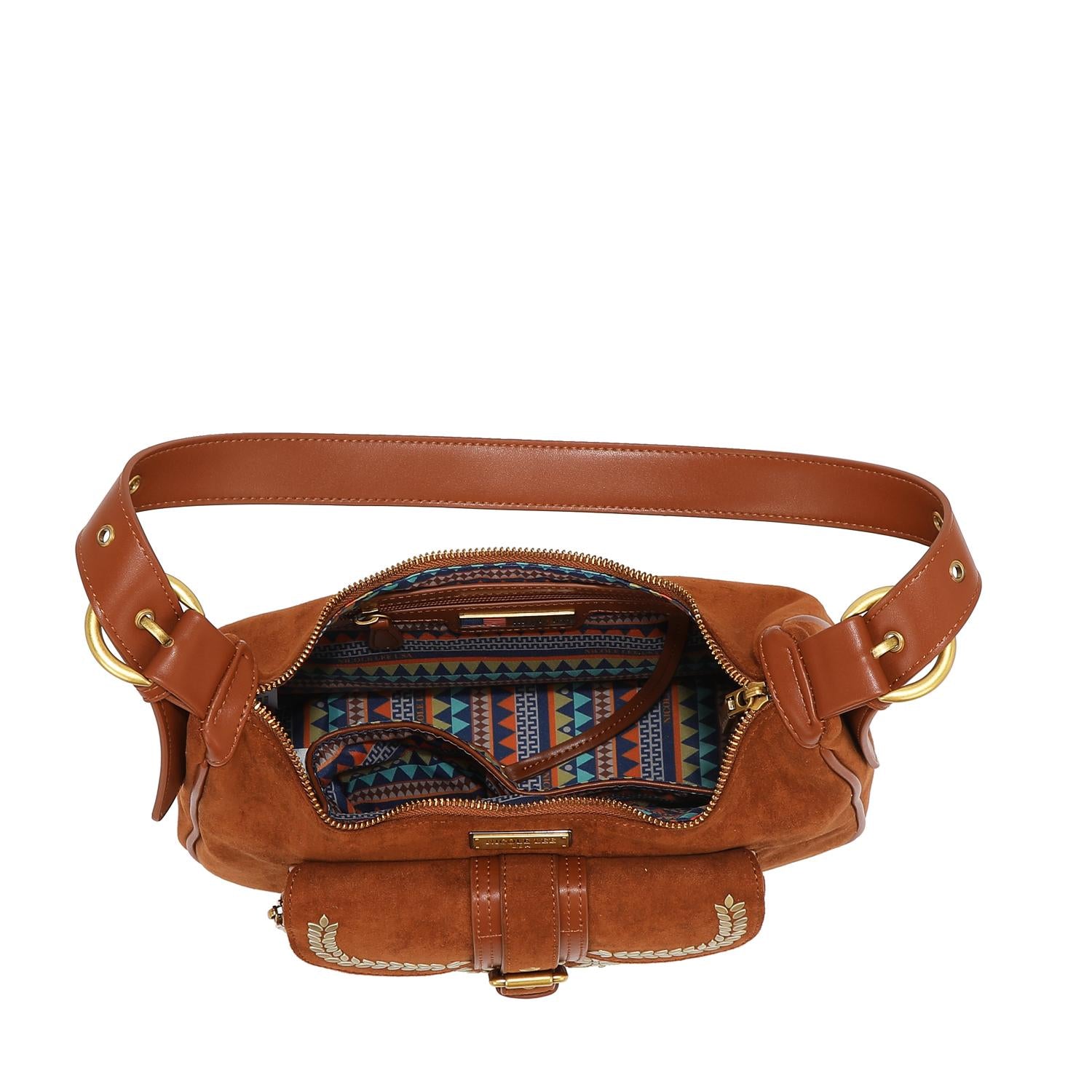 Bolsa hobo Nicole Lee de gamuza con flores y hojas FW25