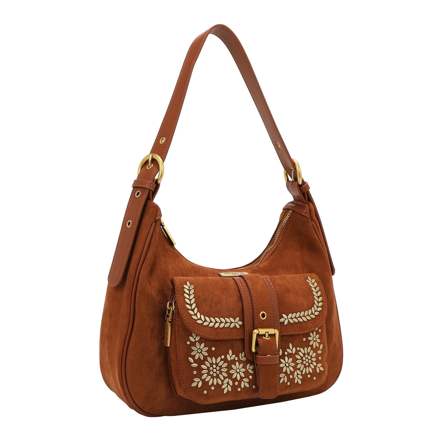 Bolsa hobo Nicole Lee de gamuza con flores y hojas FW25