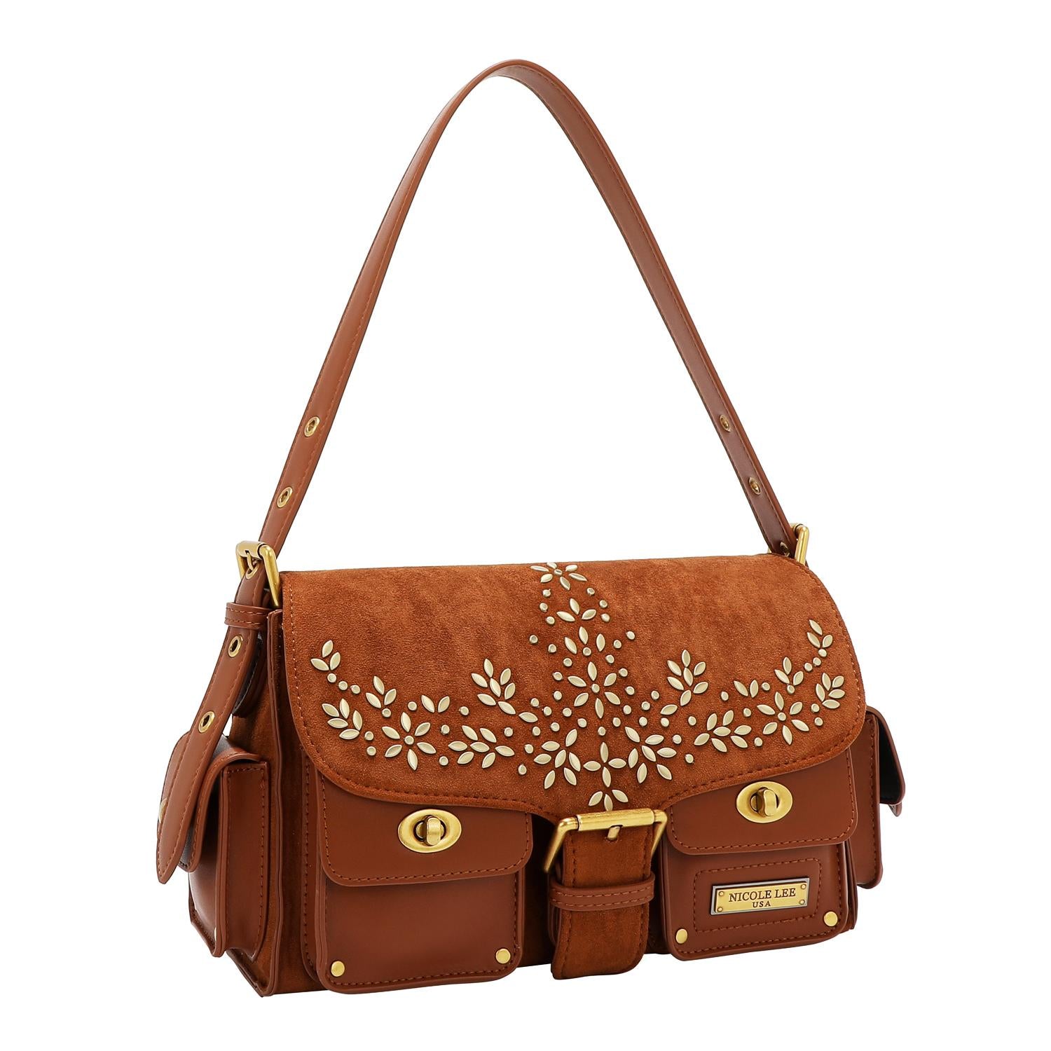 Bolsa mensajera Nicole Lee de gamuza con flores y hojas FW25