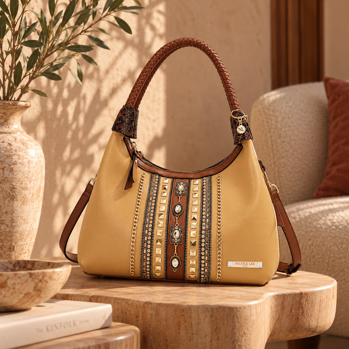 Bolsa Hobo Nicole Lee Bicolor Con Pedreria Jewel Y Stud FW26