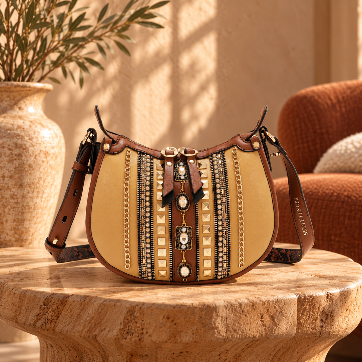 Bolsa Shoulder Nicole Lee Bicolor Con Pedreria Jewel FW26