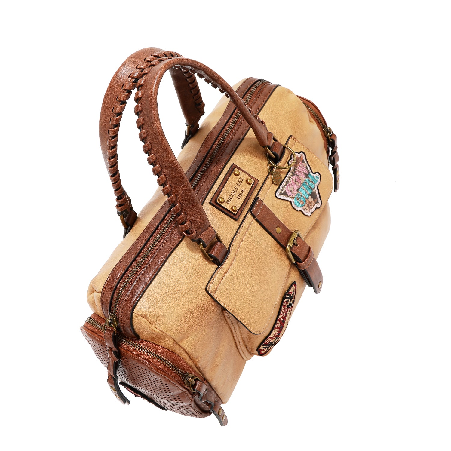 Bolsa boston Nicole Lee vintage con parches FW25