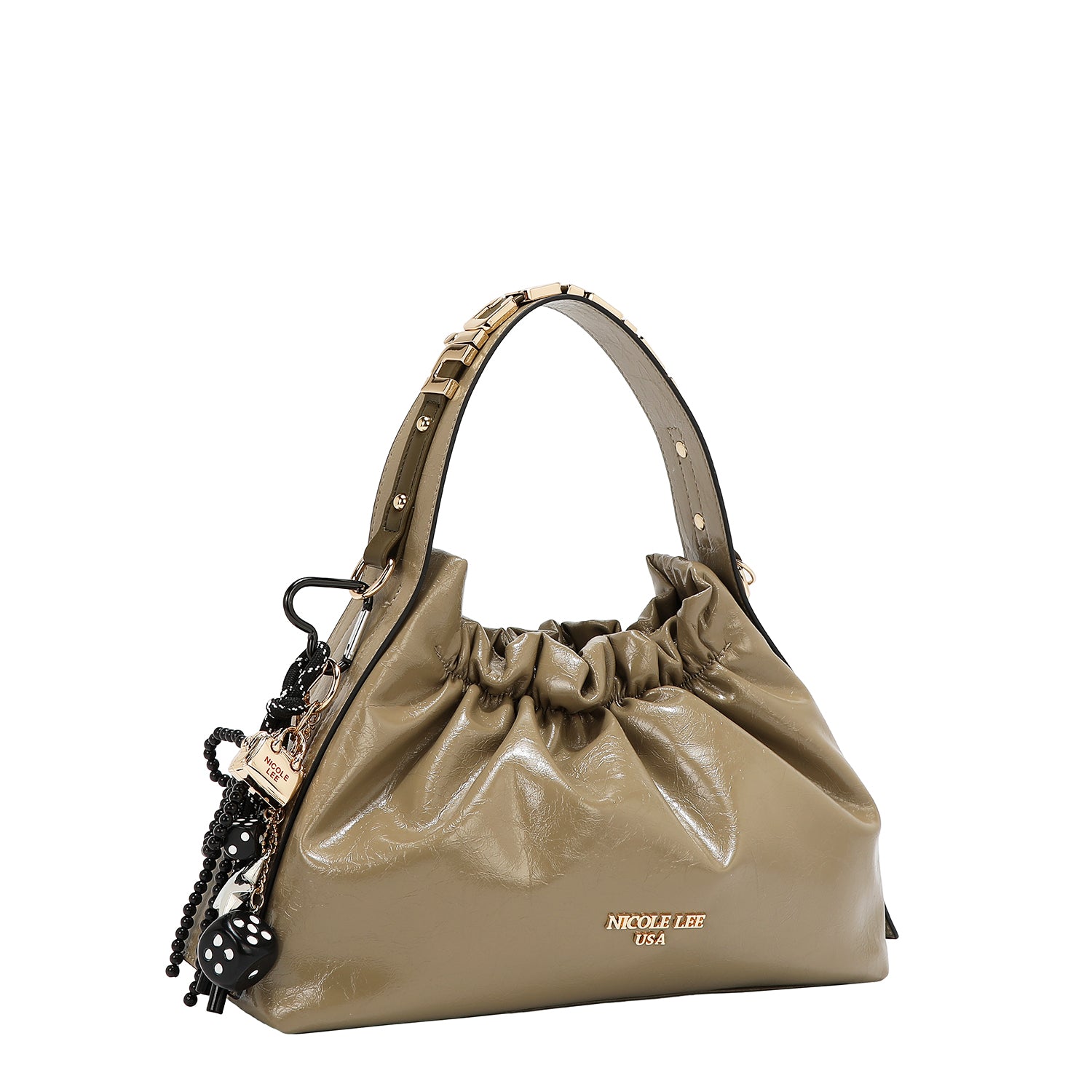 Bolsa de mano Nicole Lee acabado brillante y llavero FW25