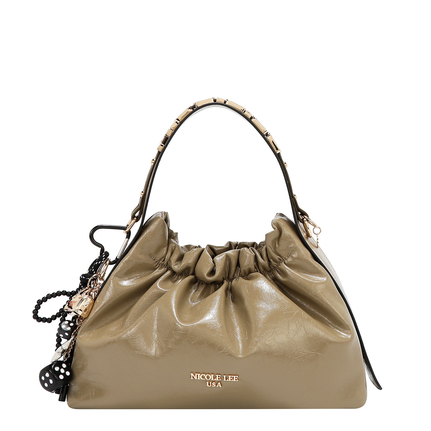 Bolsa de mano Nicole Lee acabado brillante y llavero FW25
