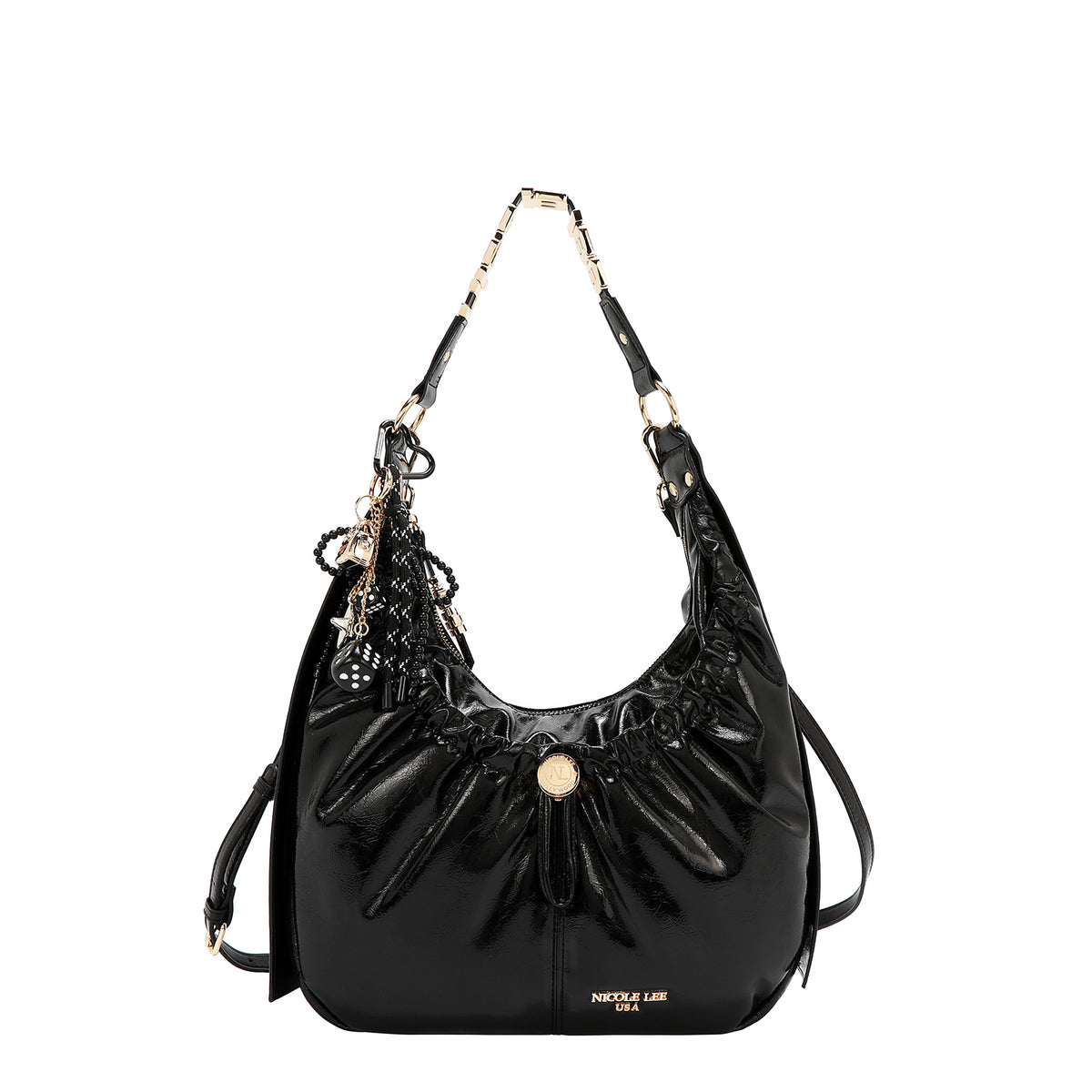 Bolsa hobo Nicole Lee acabado brillante y llavero FW25