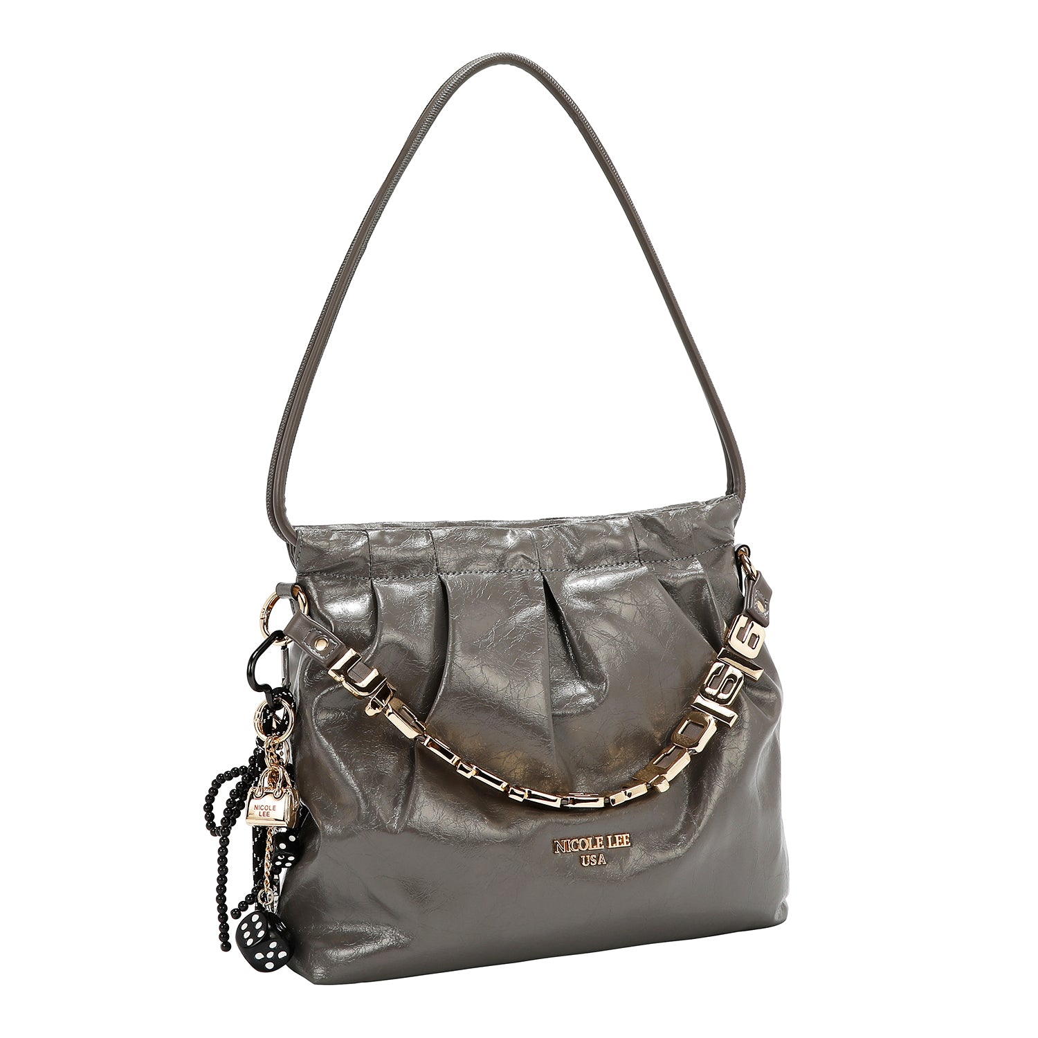 Bolsa satchel Nicole Lee acabado brillante y llavero FW25
