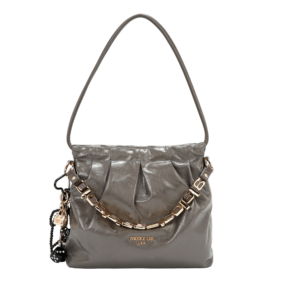 Bolsa satchel Nicole Lee acabado brillante y llavero FW25