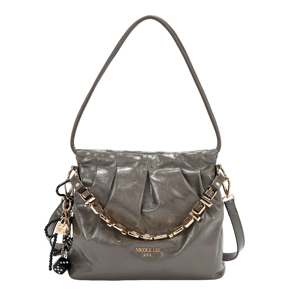 Bolsa satchel Nicole Lee acabado brillante y llavero FW25