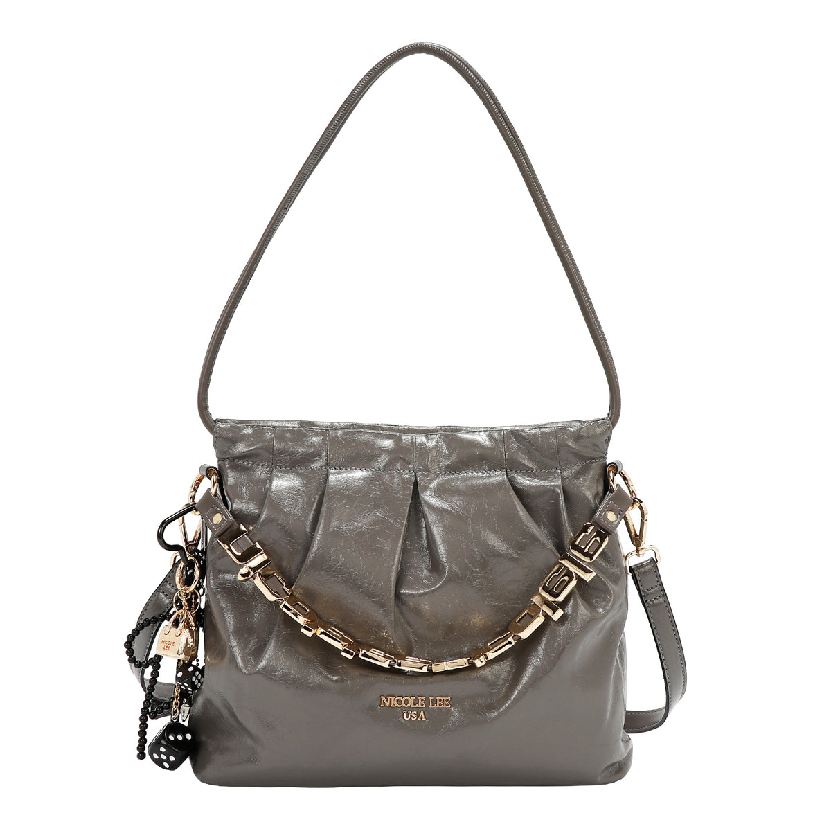 Bolsa satchel Nicole Lee acabado brillante y llavero FW25