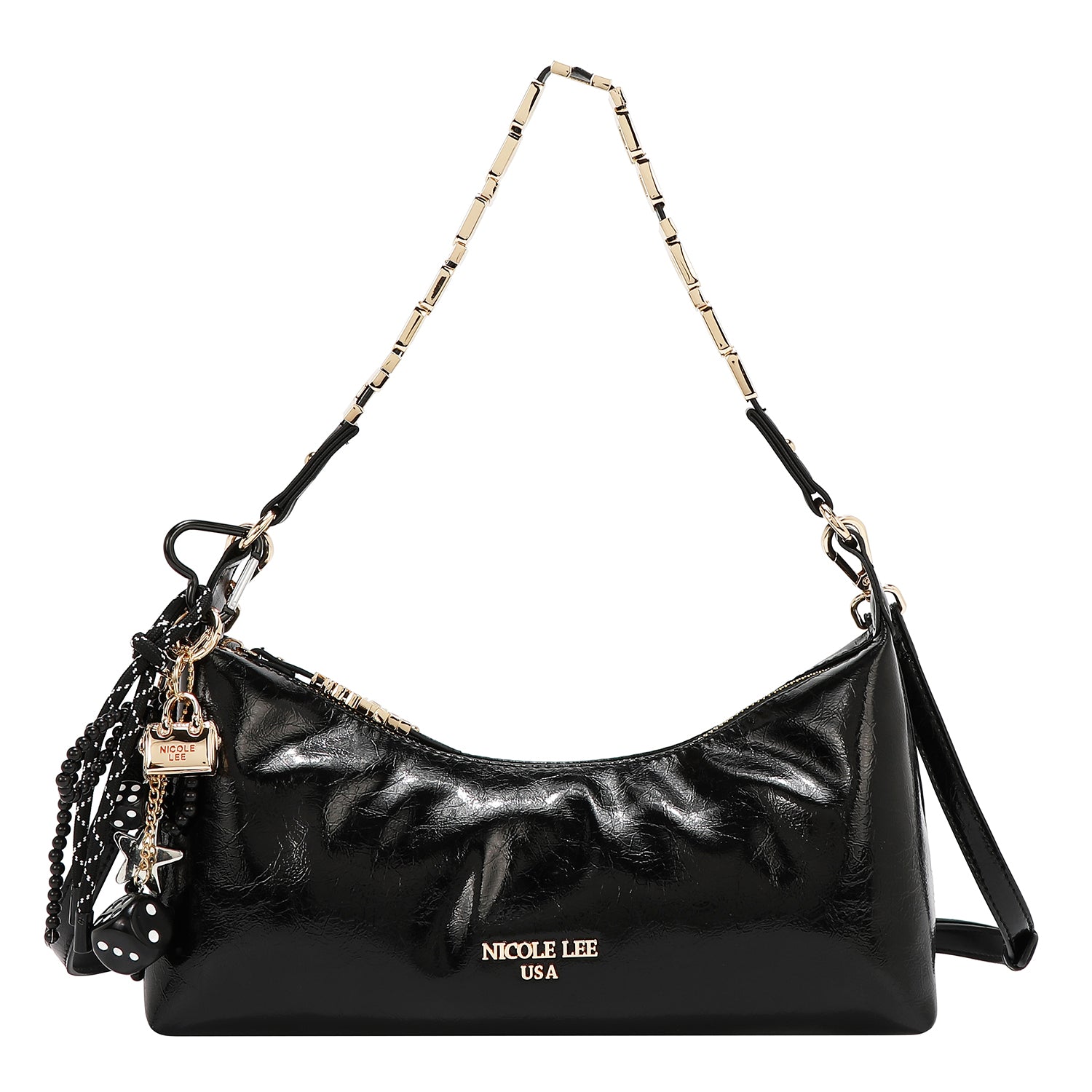 Bolsa baguette Nicole Lee acabado brillante y llavero FW25