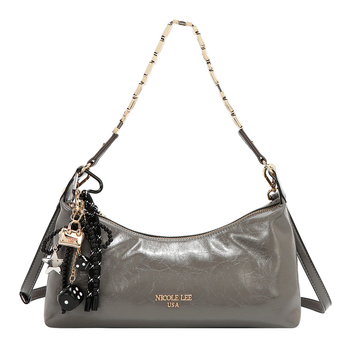 Bolsa baguette Nicole Lee acabado brillante y llavero FW25