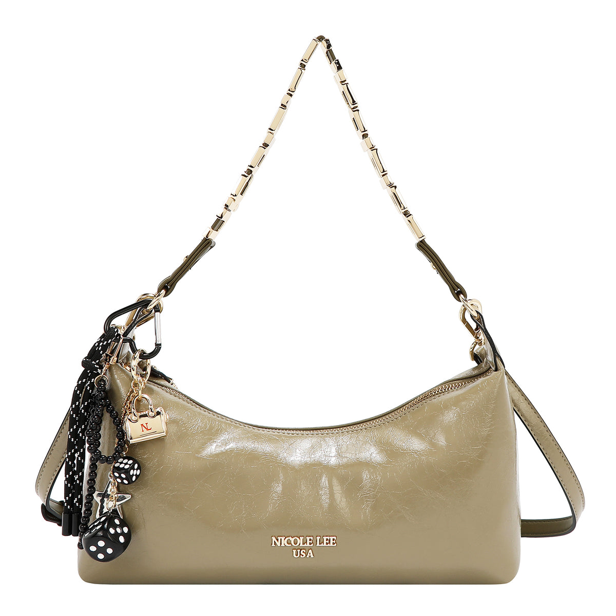 Bolsa baguette Nicole Lee acabado brillante y llavero FW25