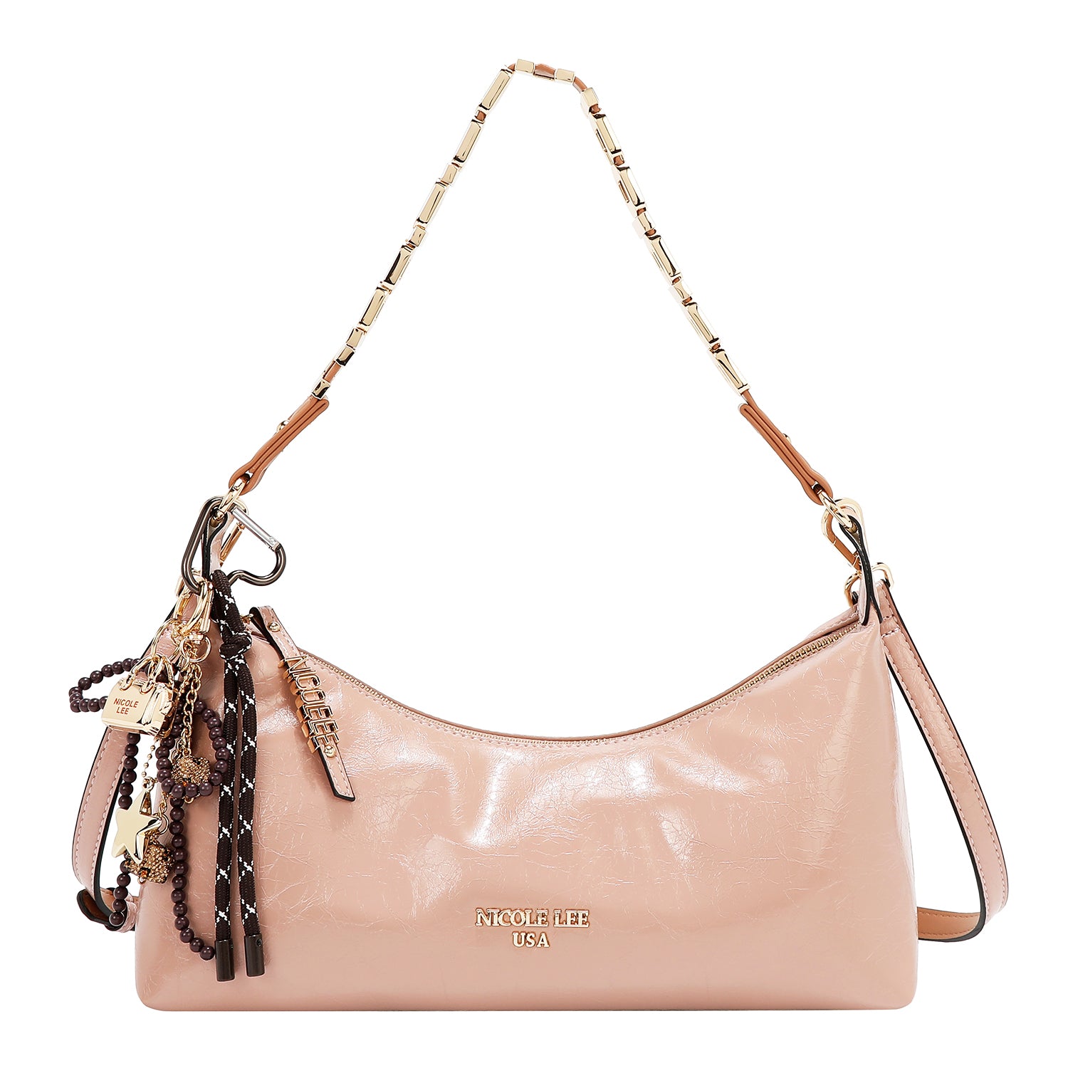 Bolsa baguette Nicole Lee acabado brillante y llavero FW25