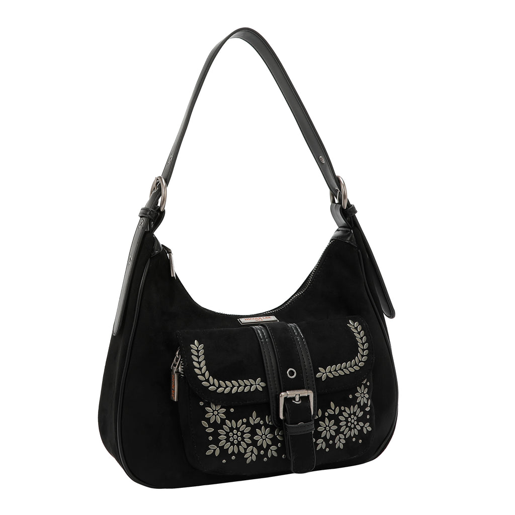 Bolsa hobo Nicole Lee de gamuza con flores y hojas FW25