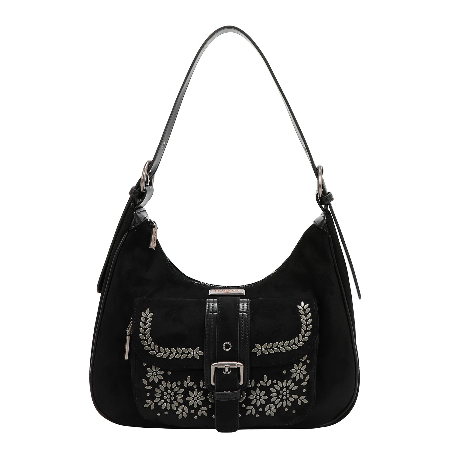 Bolsa hobo Nicole Lee de gamuza con flores y hojas FW25