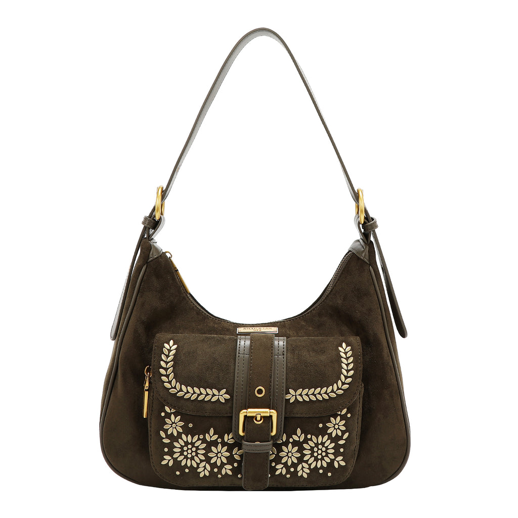 Bolsa hobo Nicole Lee de gamuza con flores y hojas FW25