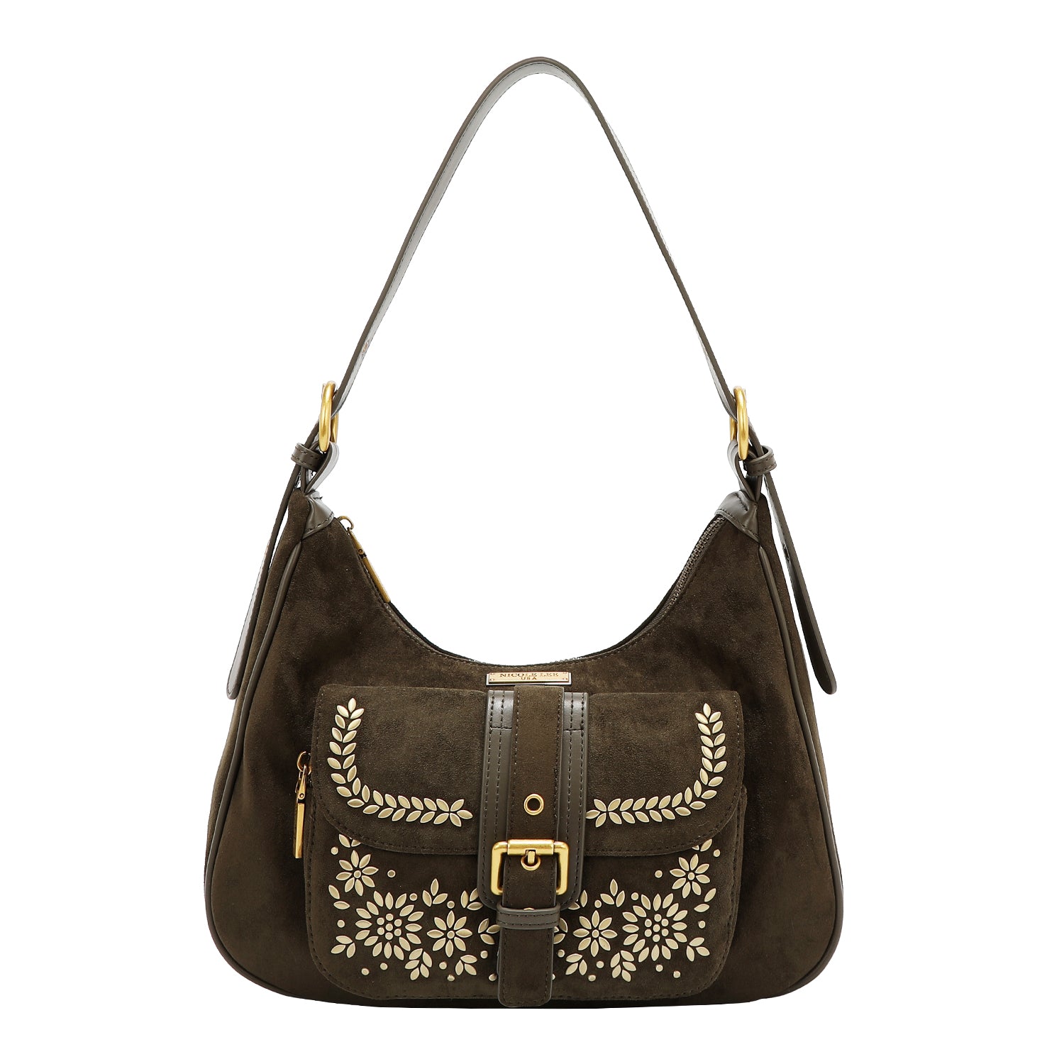 Bolsa hobo Nicole Lee de gamuza con flores y hojas FW25
