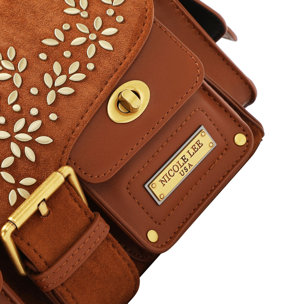 Bolsa mensajera Nicole Lee de gamuza con flores y hojas FW25