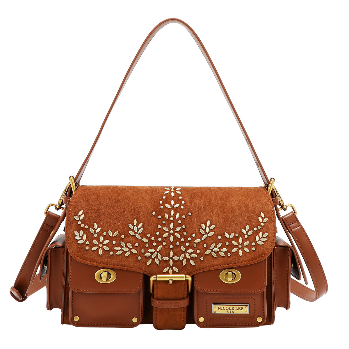 Bolsa mensajera Nicole Lee de gamuza con flores y hojas FW25