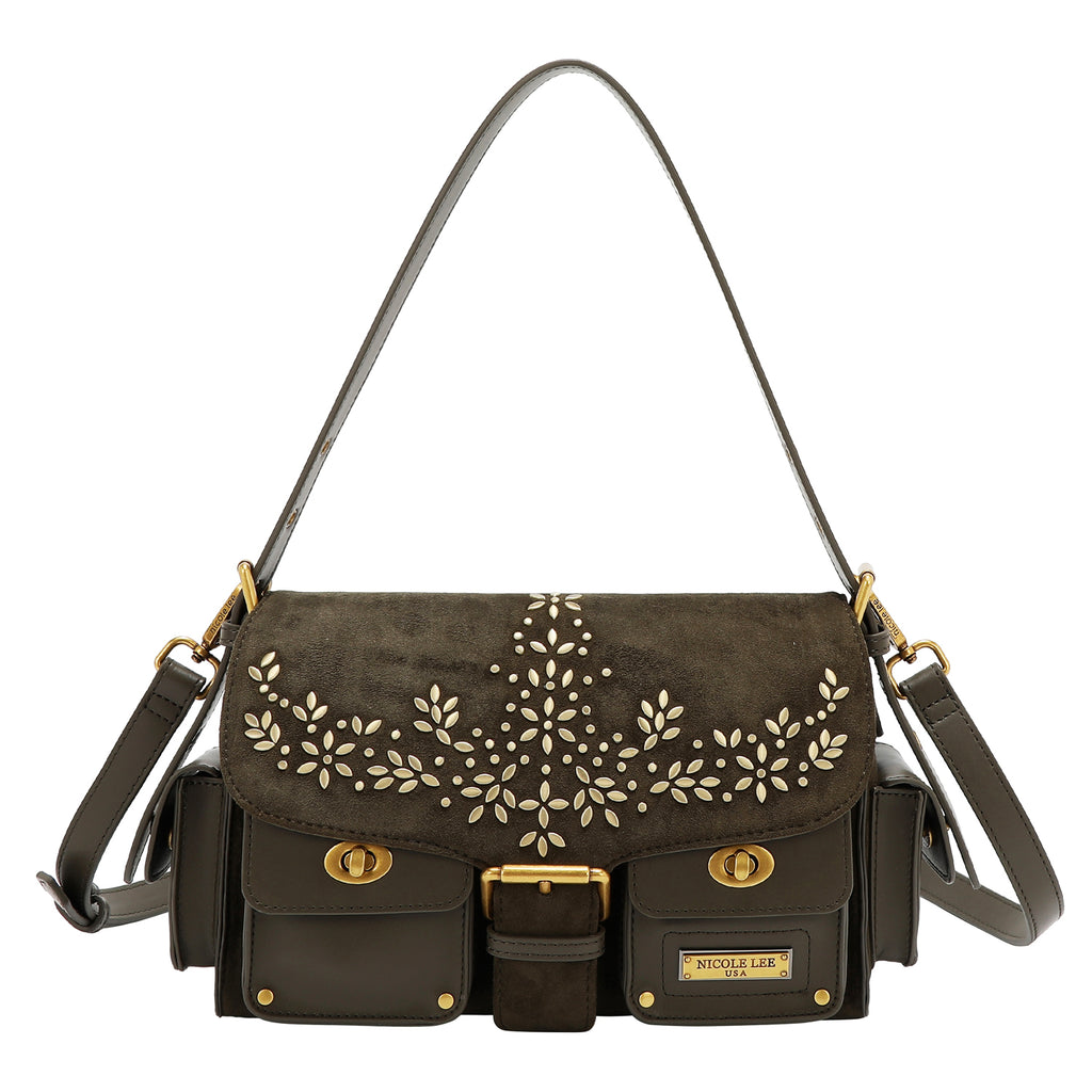 Bolsa mensajera Nicole Lee de gamuza con flores y hojas FW25