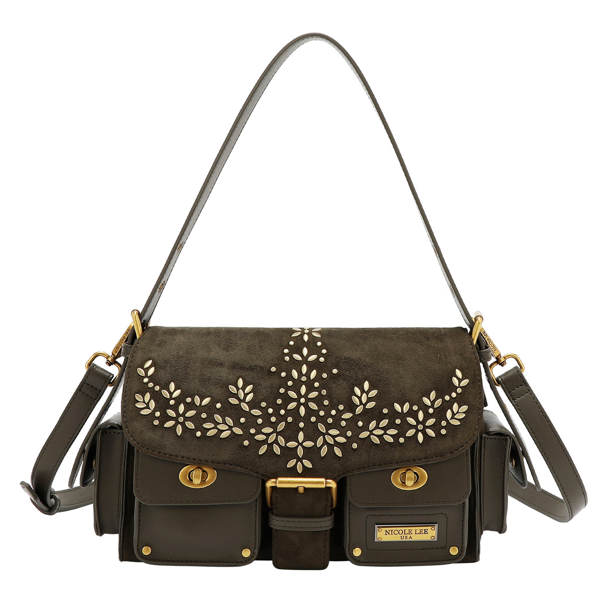 Bolsa mensajera Nicole Lee de gamuza con flores y hojas FW25