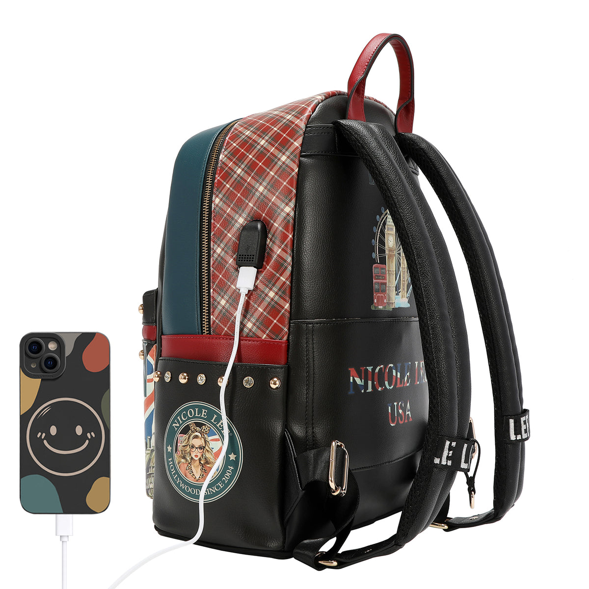 Mochila Nicole Lee Con Puerto USB Print London Eye FW26