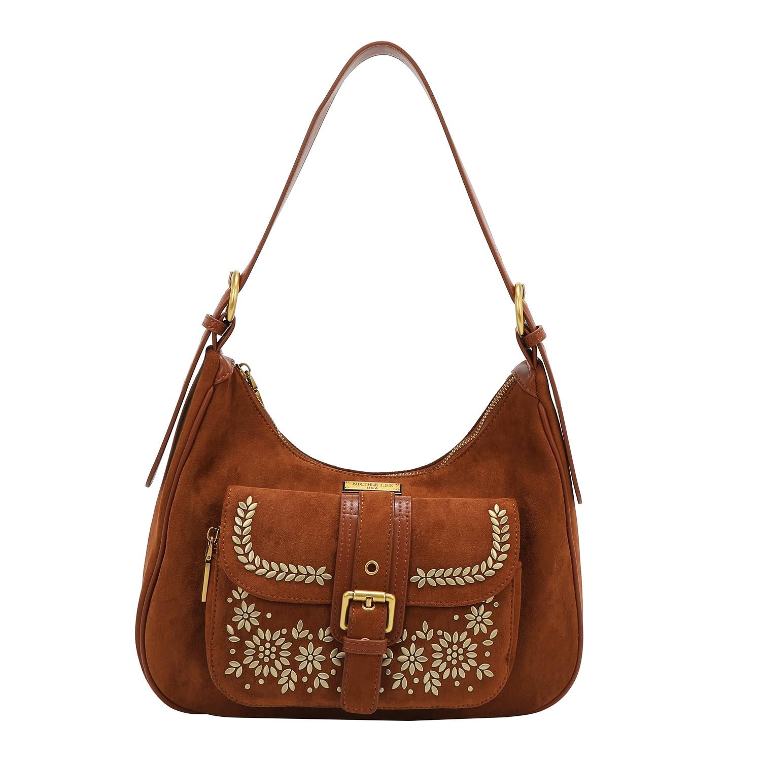 Bolsa hobo Nicole Lee de gamuza con flores y hojas FW25