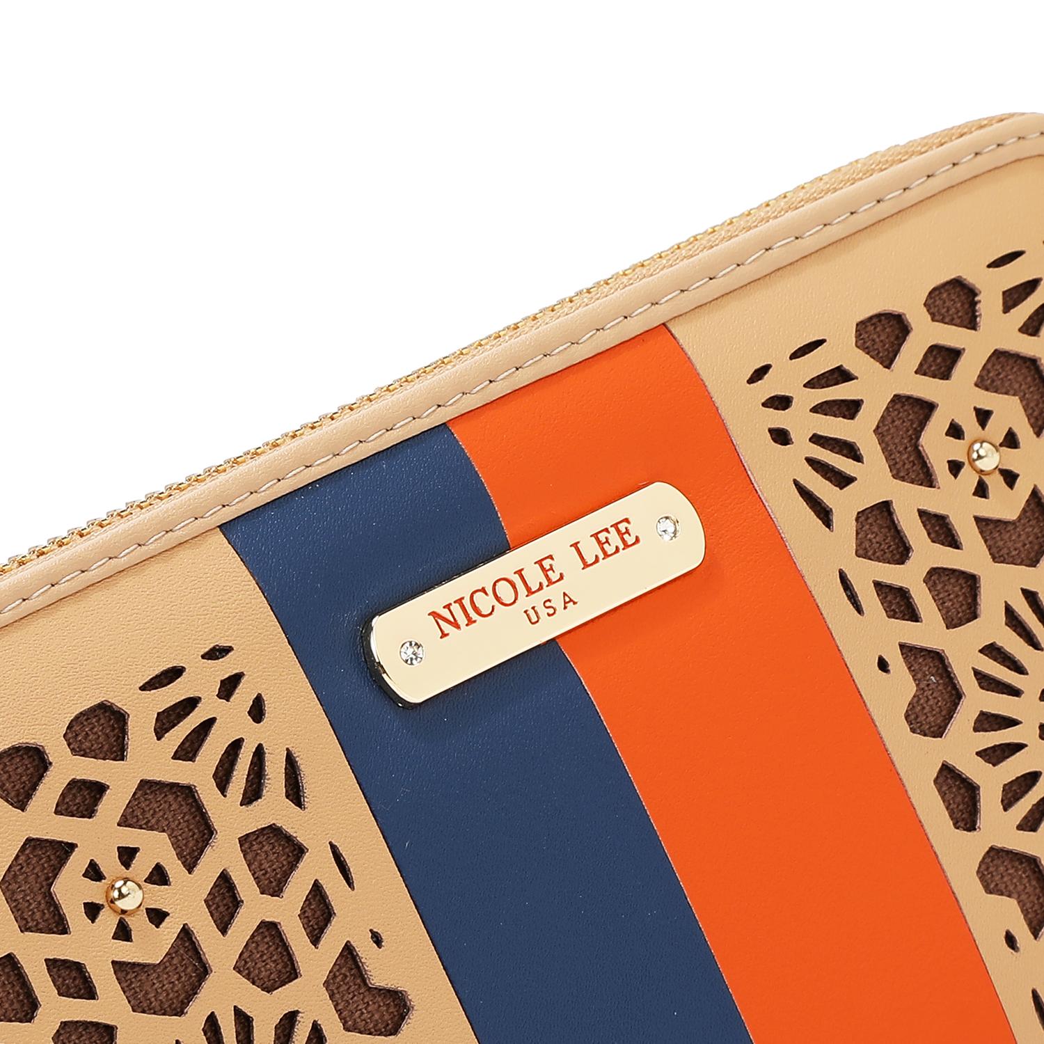 Cartera Nicole Lee en corte láser de cierre y pedrería FW25