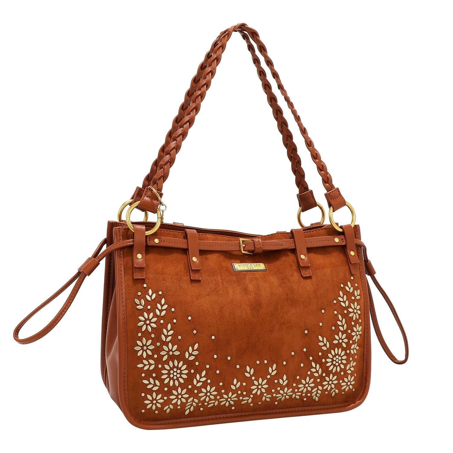 Bolsa tote Nicole Lee de gamuza con flores y hojas FW25