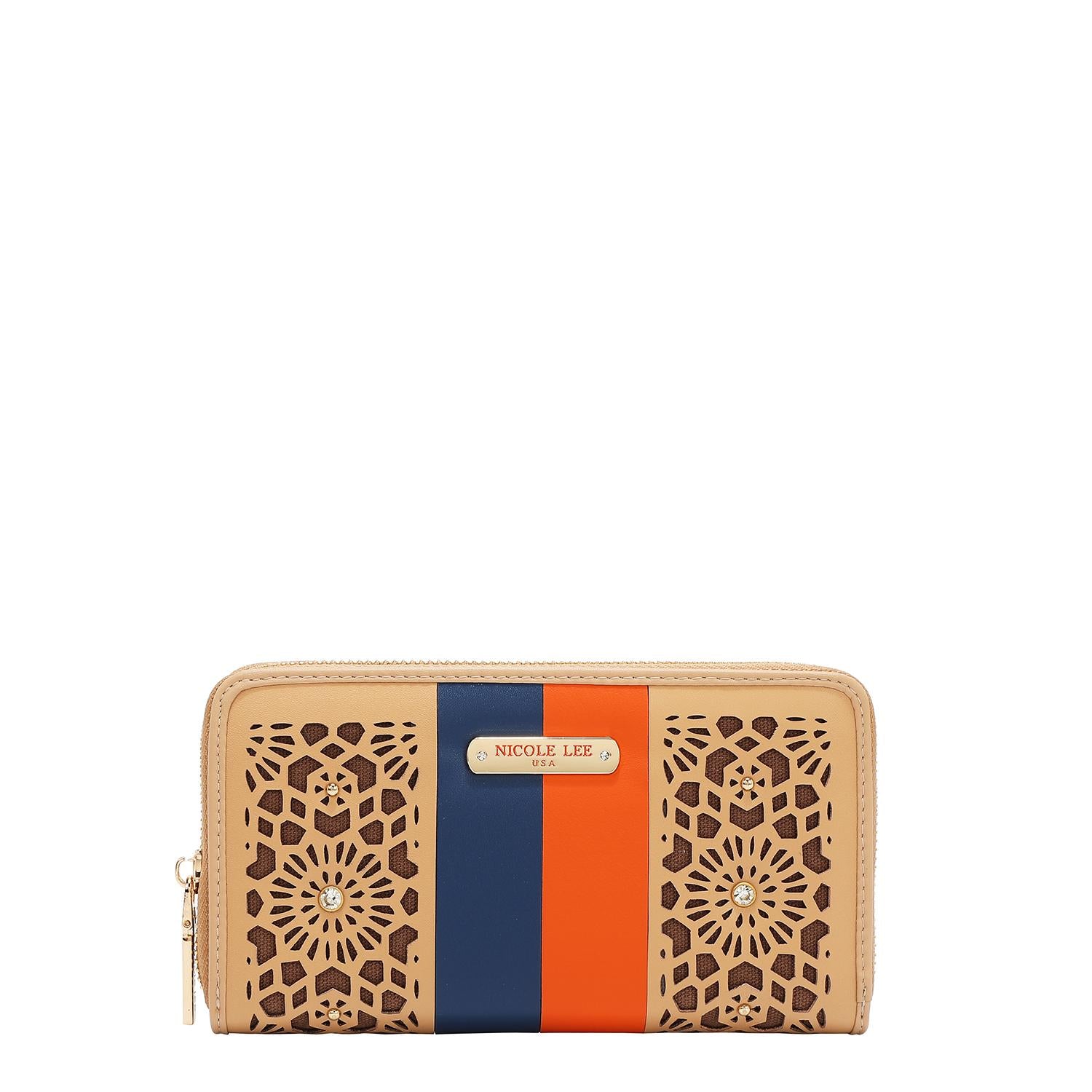 Cartera Nicole Lee en corte láser de cierre y pedrería FW25